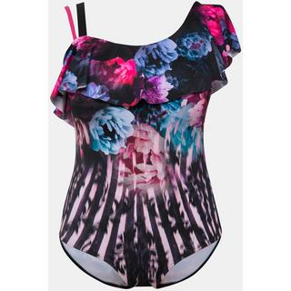 Ulla Popken  Costume da bagno con fiori, volant, coppe morbide ed effetto corsetto 