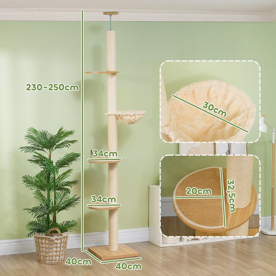 Northio  Arbre à chat, arbre à chat haut plafond, 230-250 cm, arbre à grimper avec hamac, arbre à chat réglable en hauteur, arbre de jeu avec protection des pointes, peluche, chêne + blanc crème 