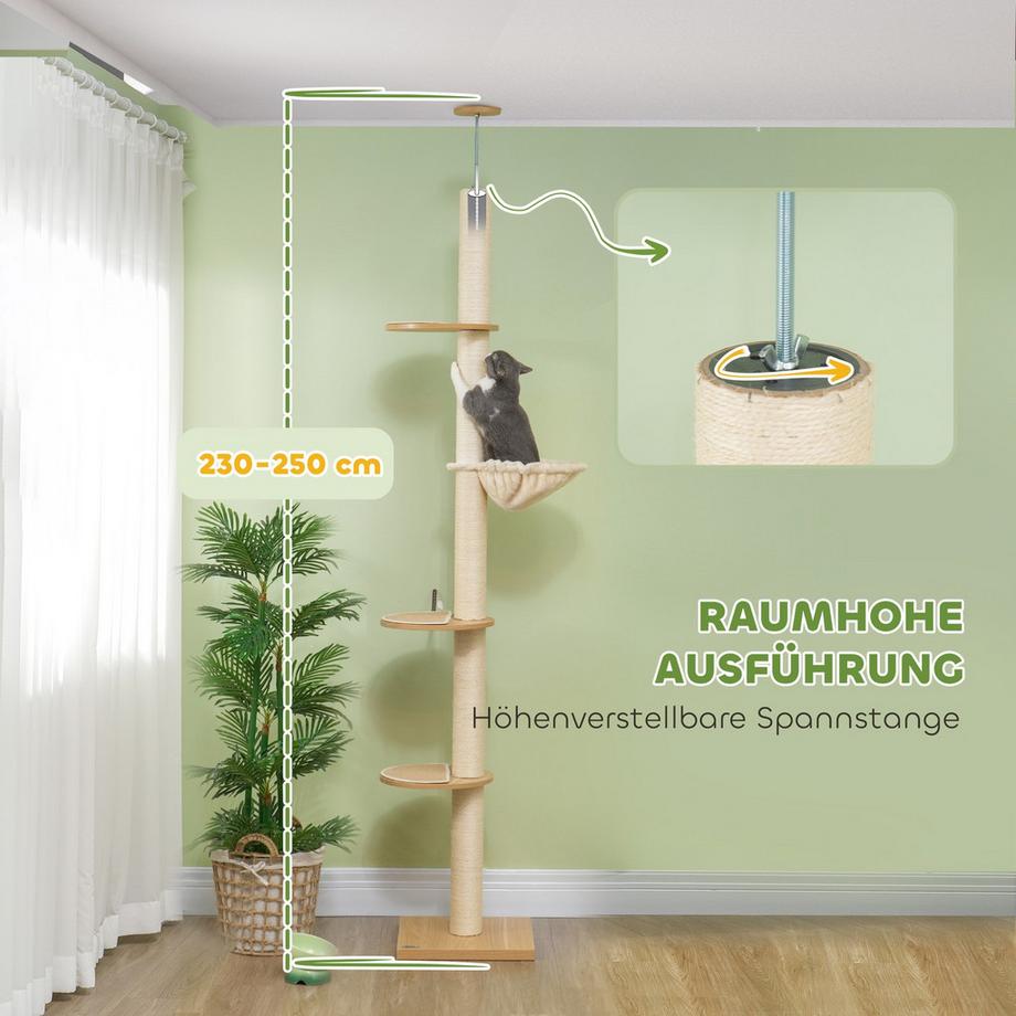 Northio  Arbre à chat, arbre à chat haut plafond, 230-250 cm, arbre à grimper avec hamac, arbre à chat réglable en hauteur, arbre de jeu avec protection des pointes, peluche, chêne + blanc crème 