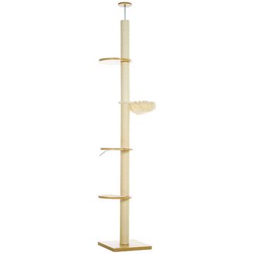 Tiragraffi, tiragraffi per gatti alto soffitto, 230-250 cm, albero rampicante con amaca, albero per gatti regolabile in altezza, albero da gioco con protezione della punta, peluche, rovere + bianco crema