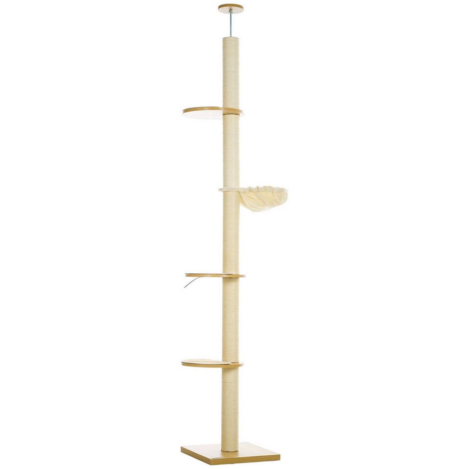 Northio  Arbre à chat, arbre à chat haut plafond, 230-250 cm, arbre à grimper avec hamac, arbre à chat réglable en hauteur, arbre de jeu avec protection des pointes, peluche, chêne + blanc crème 