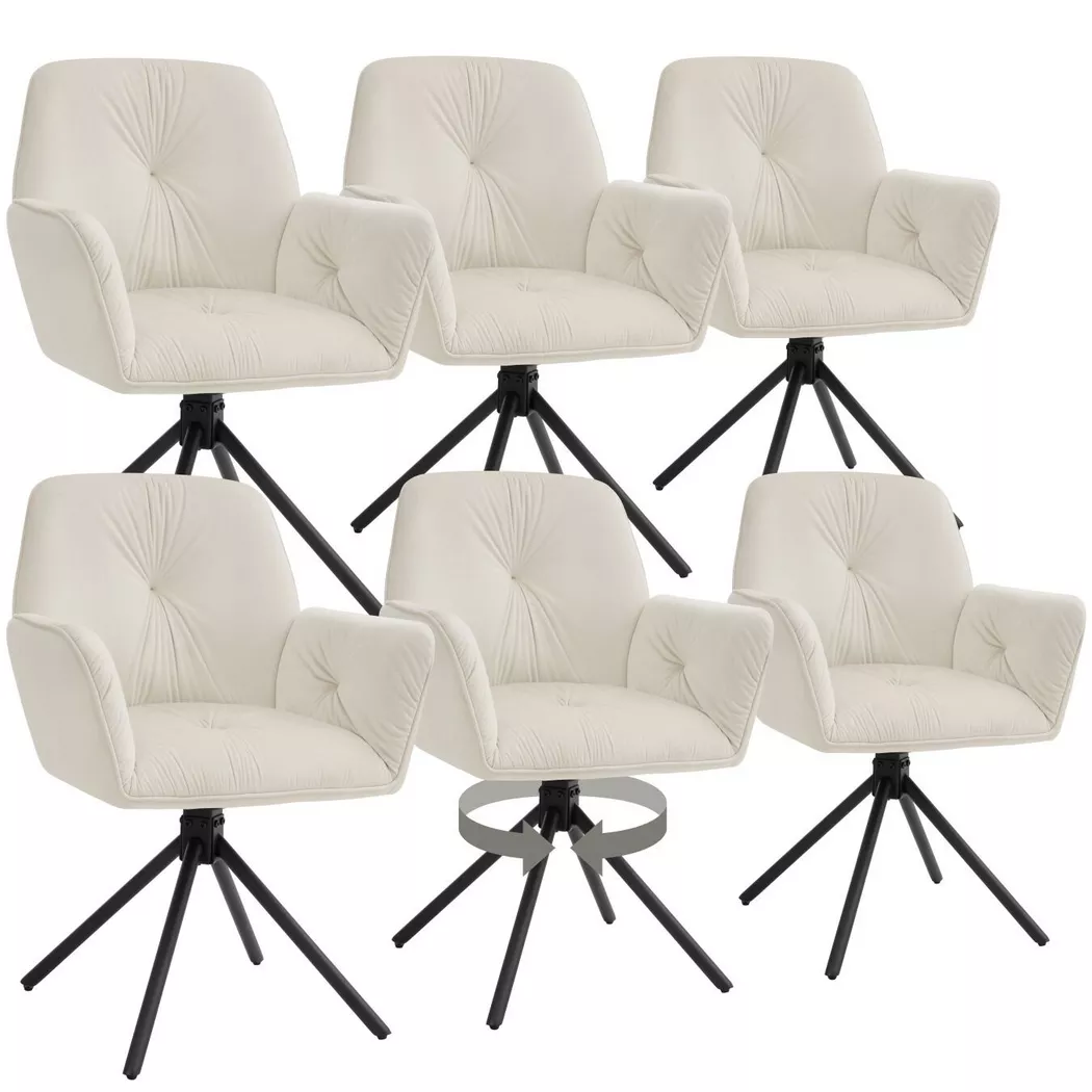 Tectake - Lot de 6 chaises pivotantes 360° en velours rembourré crème/noir
