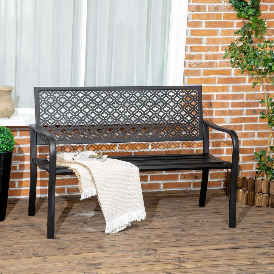 Northio Gartenbank Stahl, 2-Sitzer Parkbank Mit Rückenlehne & Armlehne, Sitzbank Mit Blumenmuster, Max. 240 Kg, Schwarz, 127 X 63 X 83 Cm  