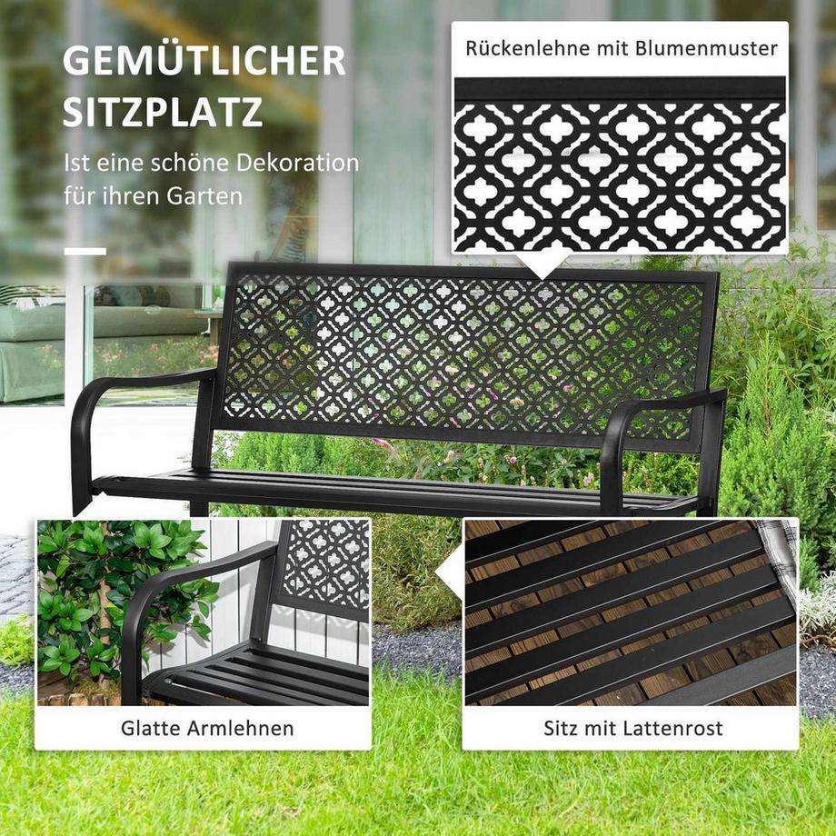 Northio Gartenbank Stahl, 2-Sitzer Parkbank Mit Rückenlehne & Armlehne, Sitzbank Mit Blumenmuster, Max. 240 Kg, Schwarz, 127 X 63 X 83 Cm  