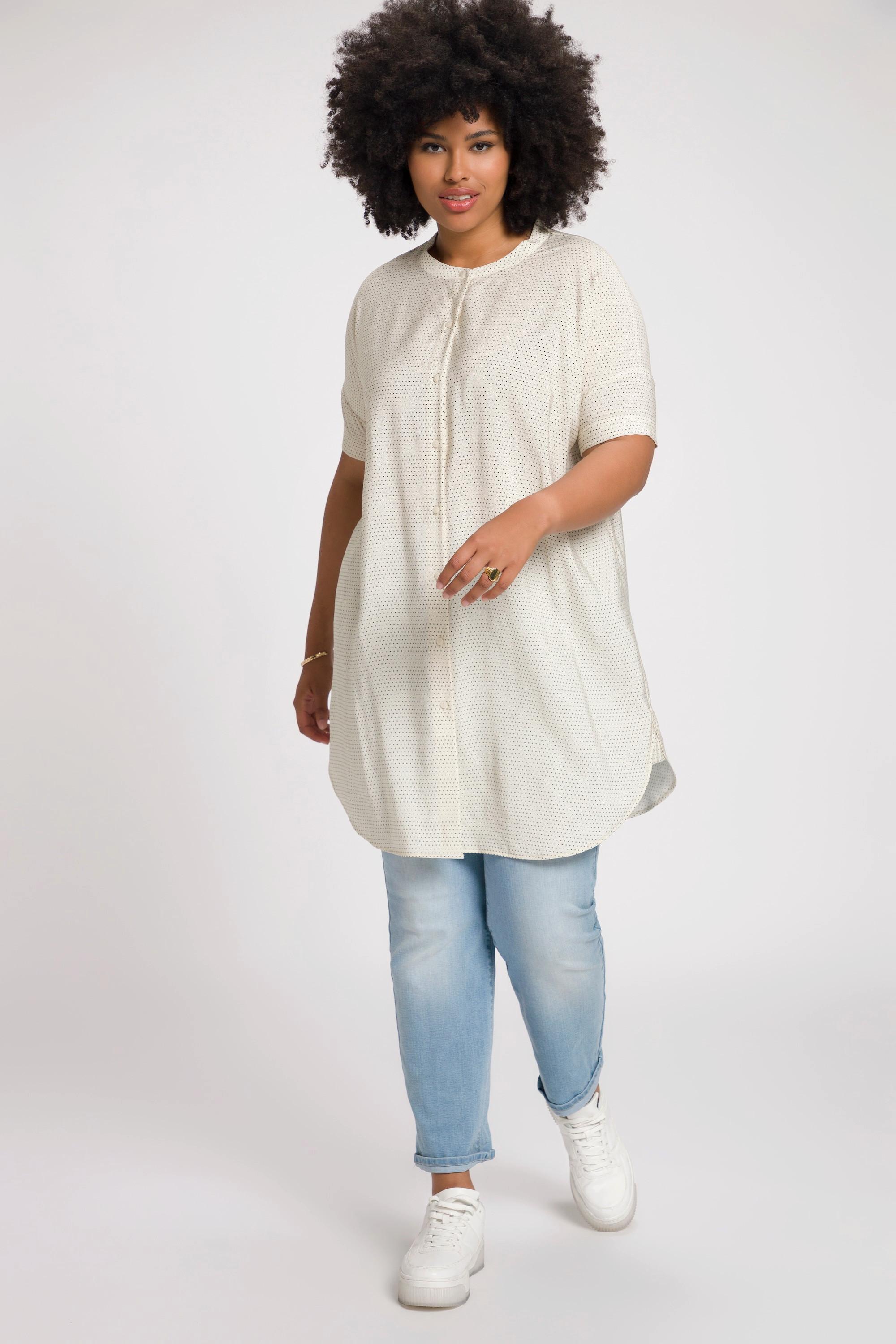 Ulla Popken  Blusa di lyocell dal taglio oversize con puntini, scollo a girocollo e mezze maniche 