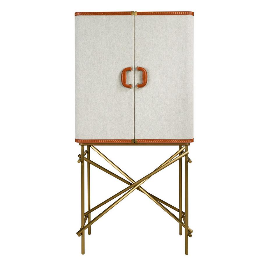 ANGEL CERDA Großes Sideboard, Stoff, Nussbaum und goldfarbener polierter Stahl  