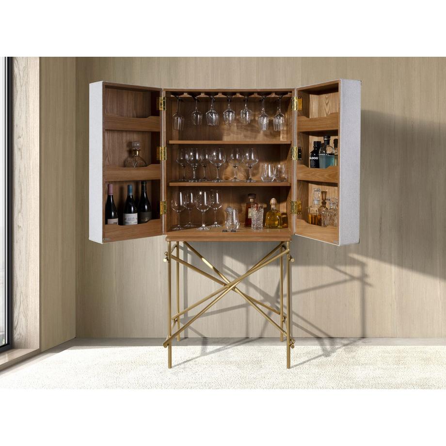 ANGEL CERDA Großes Sideboard, Stoff, Nussbaum und goldfarbener polierter Stahl  