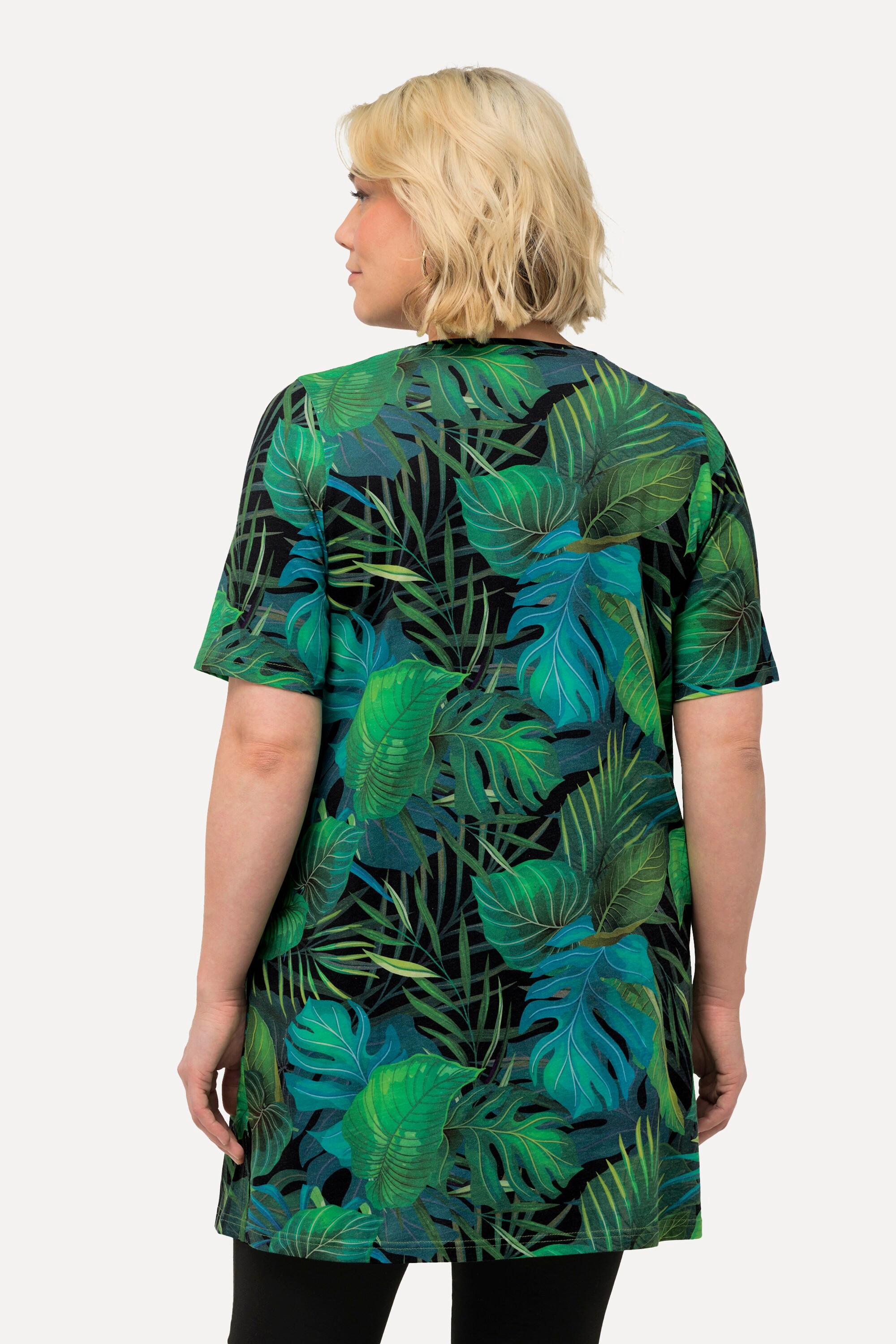 Ulla Popken  T-shirt long à imprimé feuilles, ligne A, col V et manches courtes 