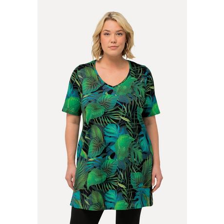 Ulla Popken  T-shirt long à imprimé feuilles, ligne A, col V et manches courtes 