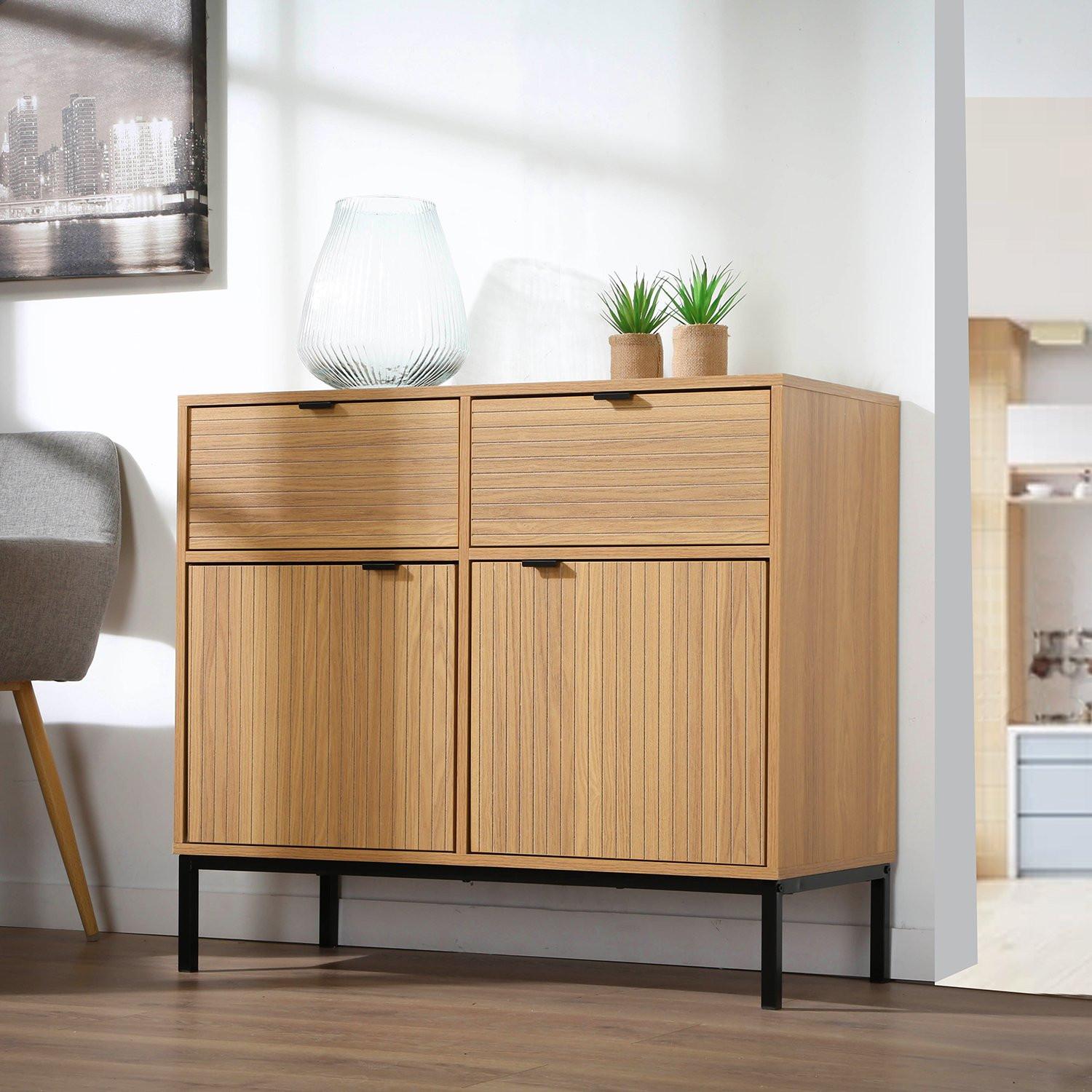 Calicosy Cassettiera 2 Porte 2 Cassetti Frontali Scanalati - L90 x H79 cm  