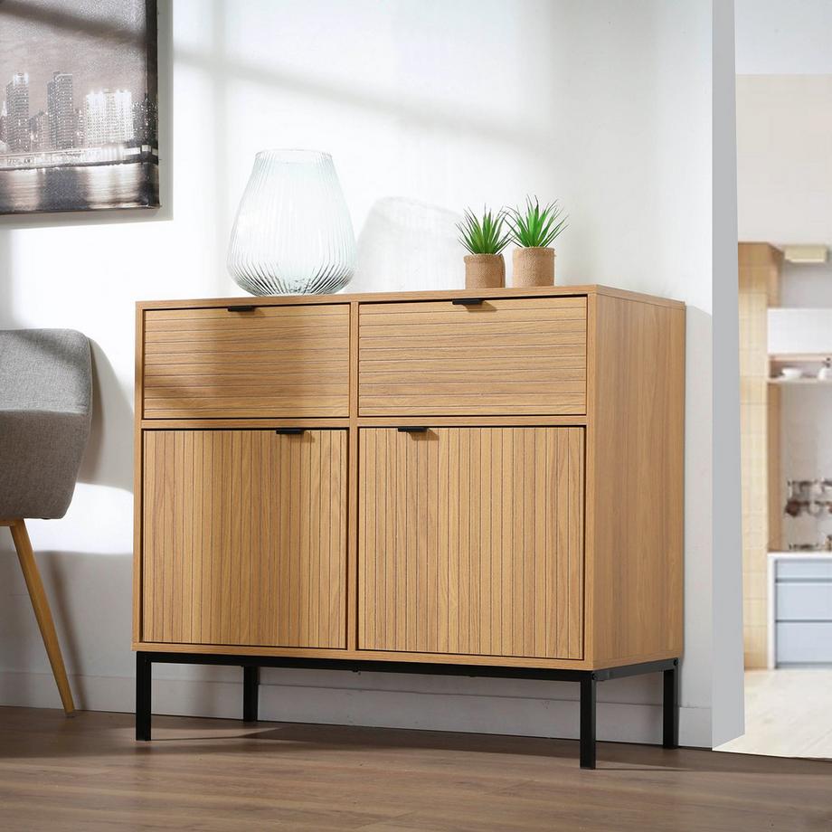 Calicosy Petit buffet 2 Portes 2 Tiroirs Façades Rainurées L90 x H79 cm - TARA  