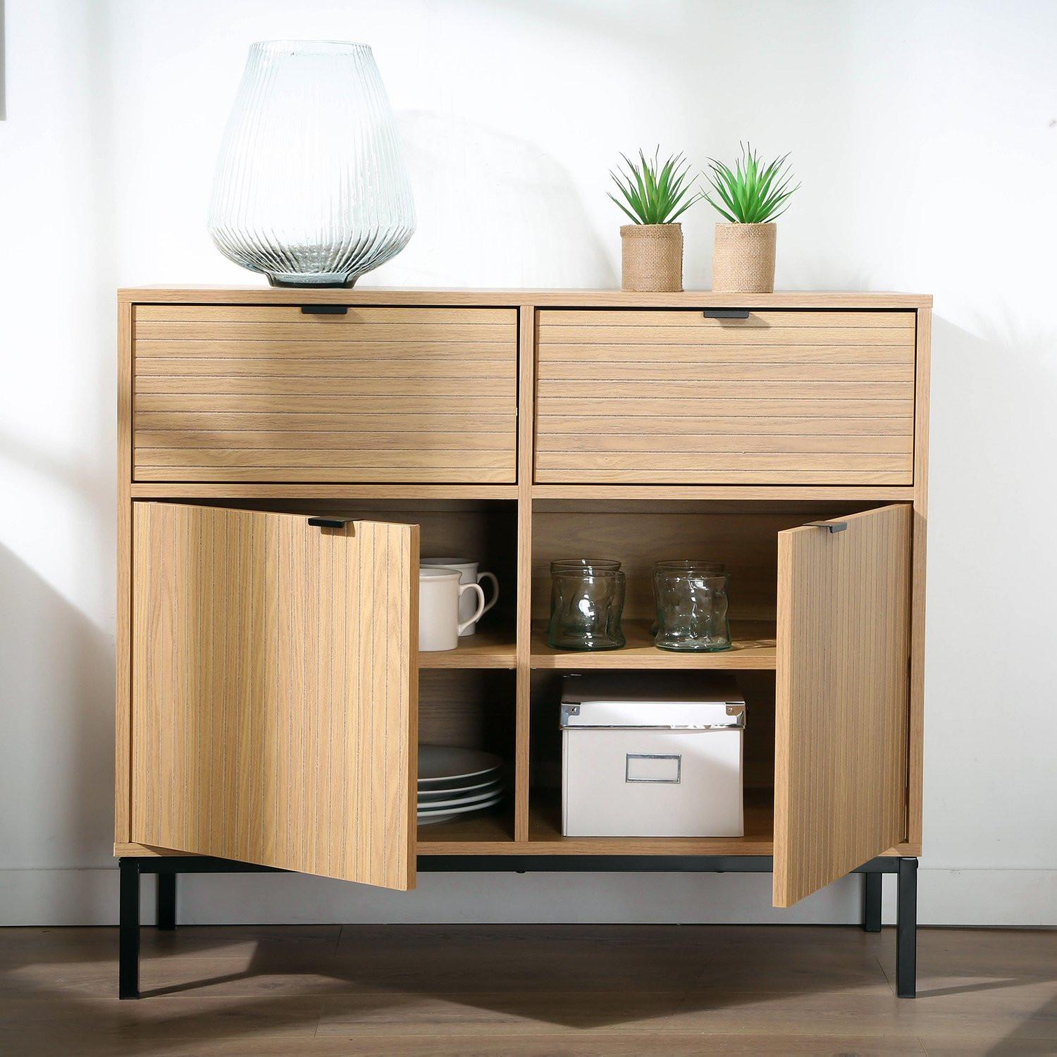 Calicosy Cassettiera 2 Porte 2 Cassetti Frontali Scanalati - L90 x H79 cm  