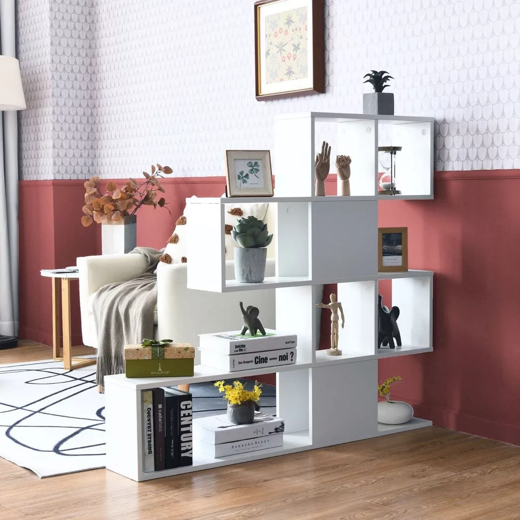 Northio - Divisorio moderno in legno stile scala a 5 livelli per libri 120 x 19,5 x 109 cm Bianco, One Size, Blanco