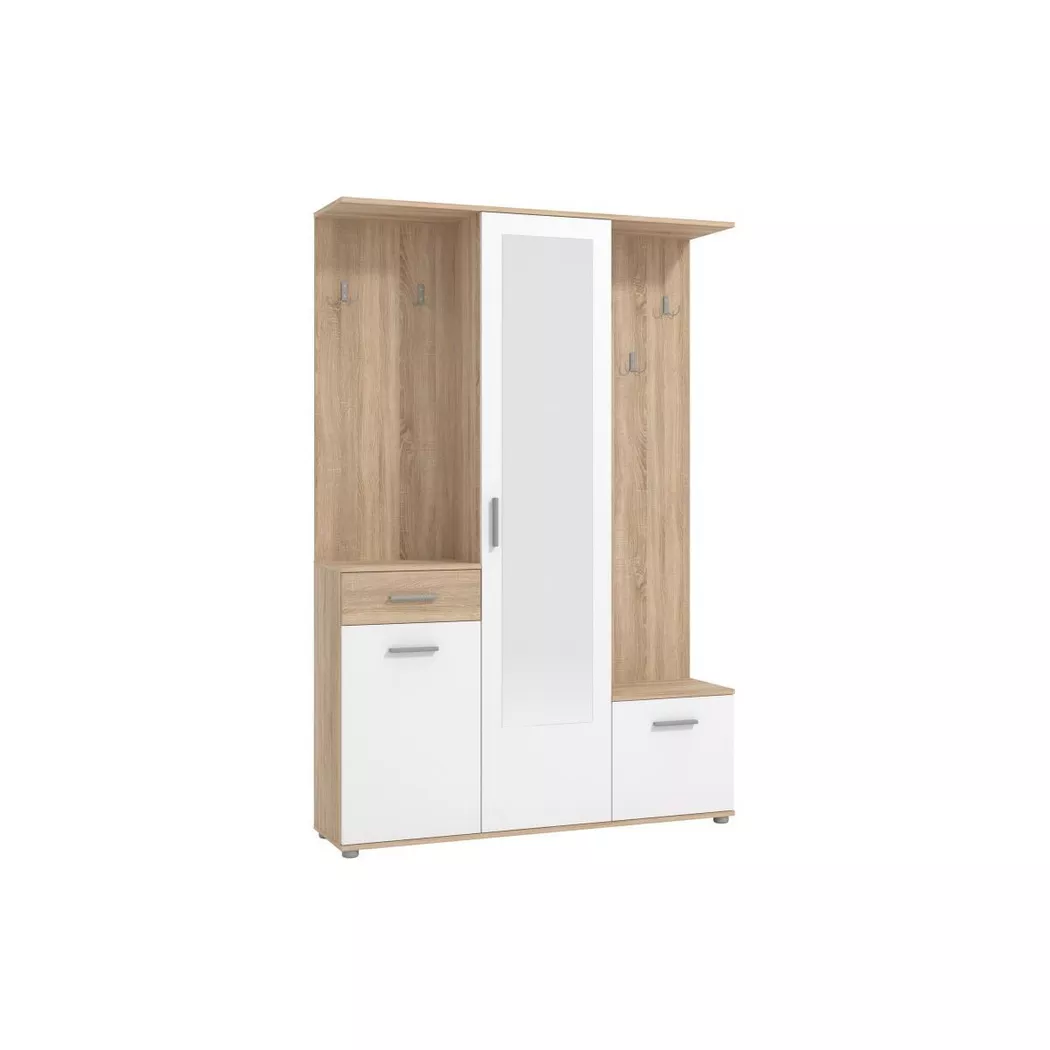 Vente-unique - Vestiaire avec 3 portes, 1 tiroir et 1 miroir - Naturel et blanc - camola