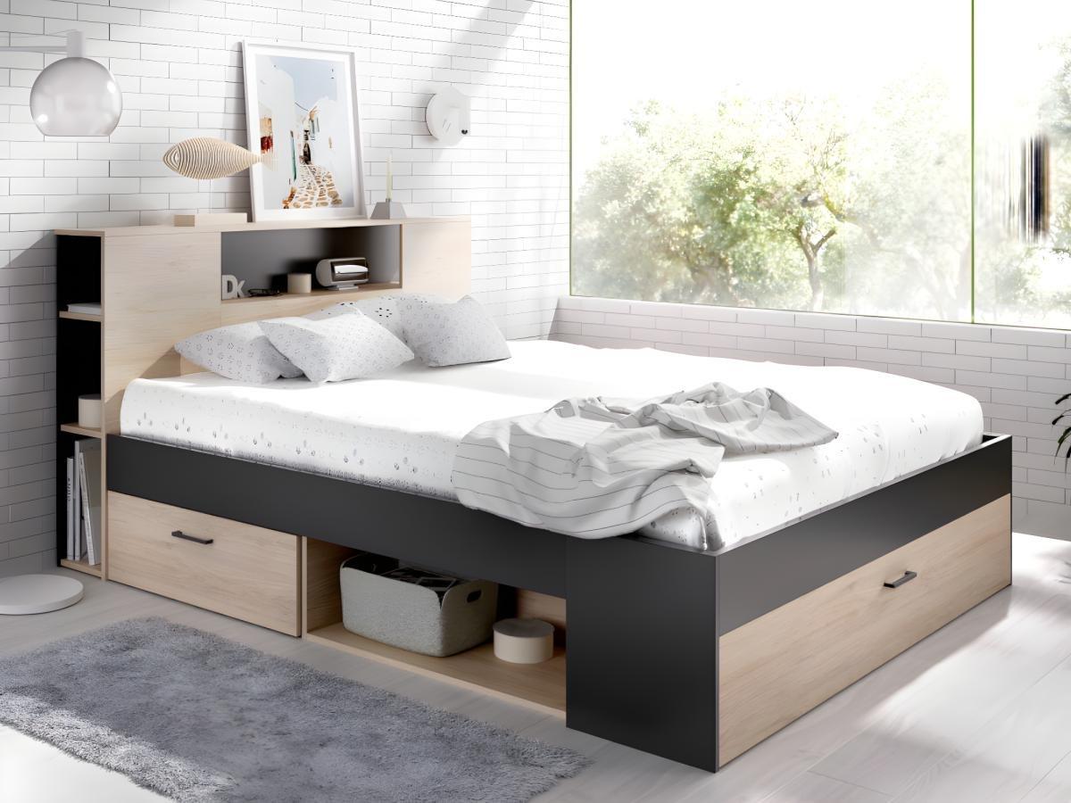 Vente-unique Lit avec tête de lit rangements et tiroirs - 160 x 200 cm - Coloris : Naturel et anthracite + Sommier + Matelas - LEANDRE  