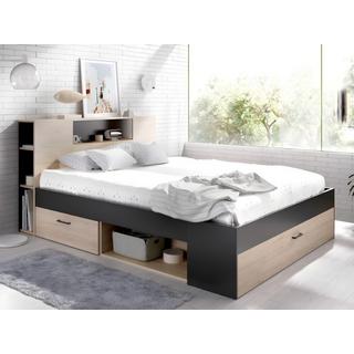 Vente-unique Lit avec tête de lit rangements et tiroirs - 160 x 200 cm - Coloris : Naturel et anthracite + Sommier + Matelas - LEANDRE  