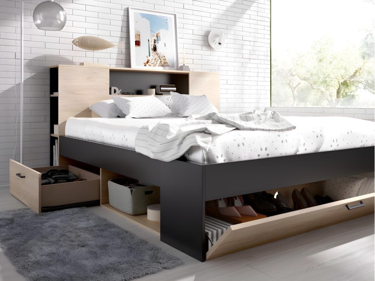 Vente-unique Lit avec tête de lit rangements et tiroirs - 160 x 200 cm - Coloris : Naturel et anthracite + Sommier + Matelas - LEANDRE  