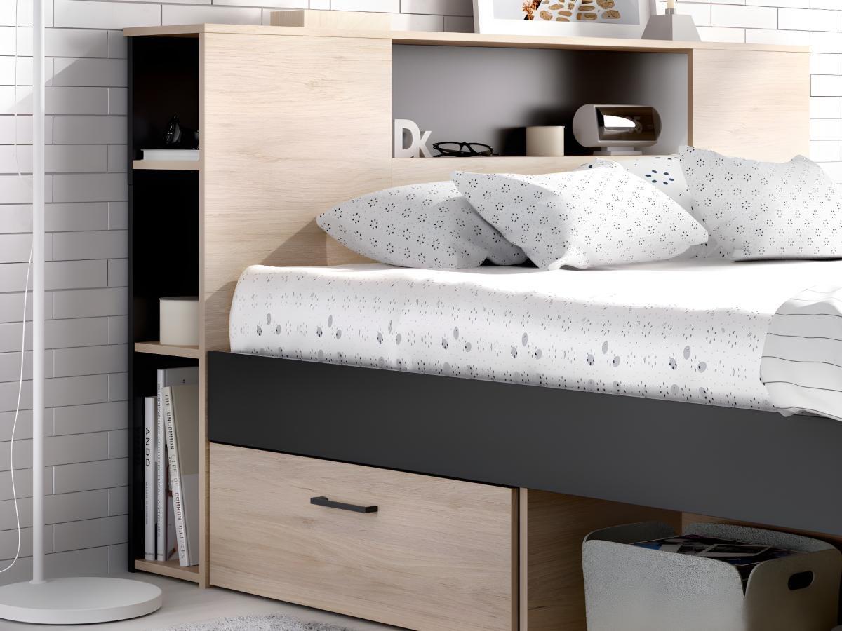 Vente-unique Lit avec tête de lit rangements et tiroirs - 160 x 200 cm - Coloris : Naturel et anthracite + Sommier + Matelas - LEANDRE  