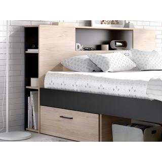 Vente-unique Lit avec tête de lit rangements et tiroirs - 160 x 200 cm - Coloris : Naturel et anthracite + Sommier + Matelas - LEANDRE  