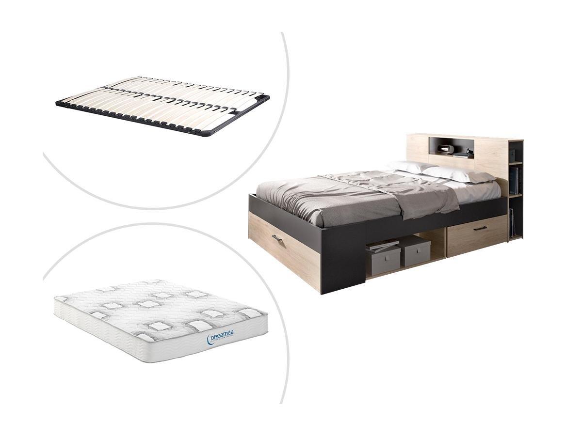 Vente-unique Lit avec tête de lit rangements et tiroirs - 160 x 200 cm - Coloris : Naturel et anthracite + Sommier + Matelas - LEANDRE  