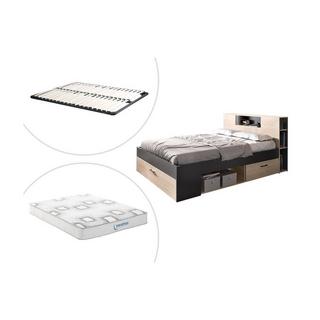 Vente-unique Lit avec tête de lit rangements et tiroirs - 160 x 200 cm - Coloris : Naturel et anthracite + Sommier + Matelas - LEANDRE  