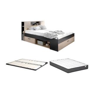 Vente-unique Lit avec tête de lit rangements et tiroirs - 160 x 200 cm - Coloris : Naturel et anthracite + Sommier + Matelas - LEANDRE  