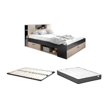 Lit avec tête de lit rangements et tiroirs - 160 x 200 cm - Coloris : Naturel et anthracite + Sommier + Matelas - LEANDRE