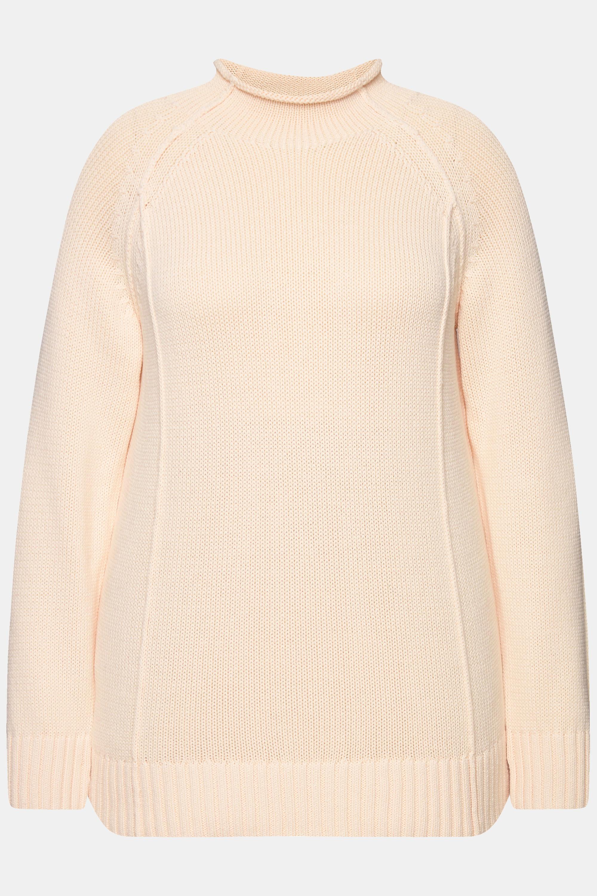 Ulla Popken  Pullover in cotone biologico con cuciture decorative, collo alto e maniche lunghe 