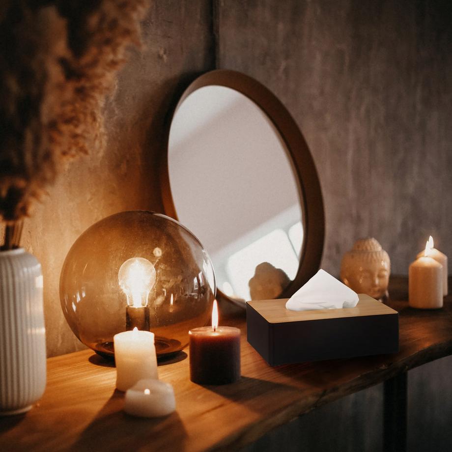 B2X Boîte à mouchoirs noire avec couvercle en bambou  