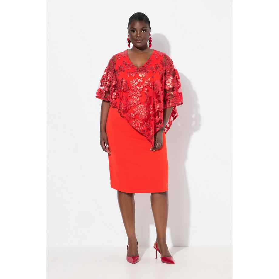 Ulla Popken Kleid Überwurf Pailletten V-Ausschnitt 3/4-Arm  