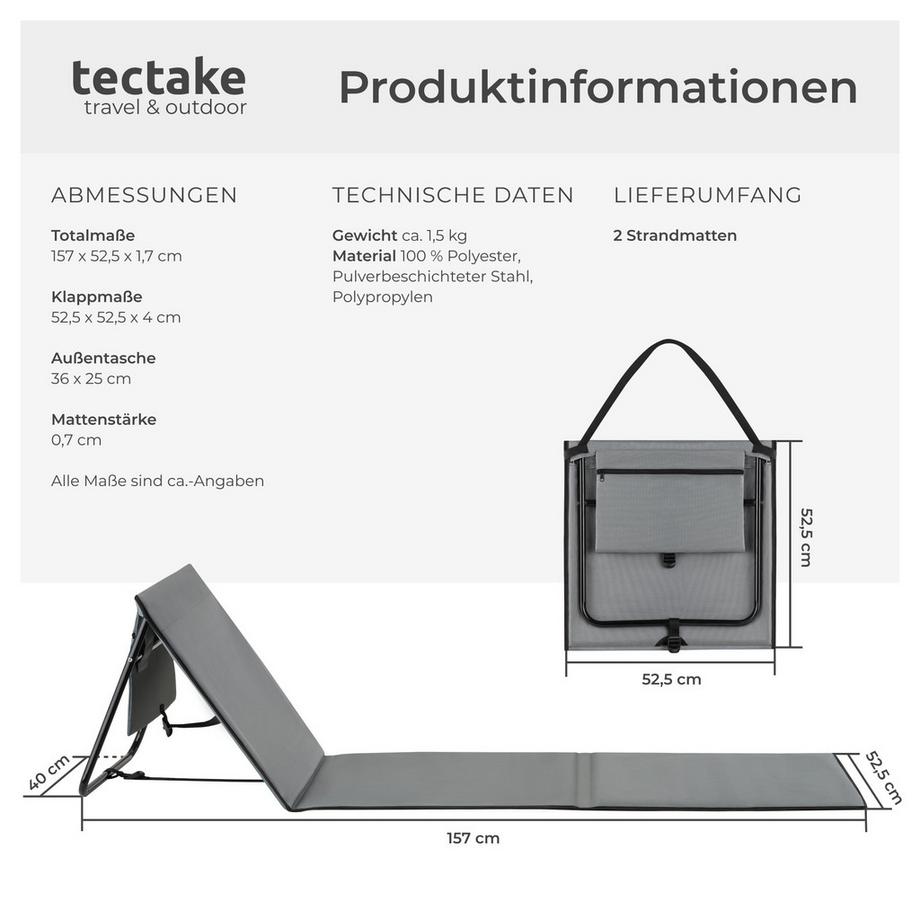 Tectake  Lot de 2 tapis de plage MINA avec dossier réglable en continu et pliable 