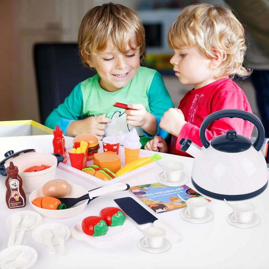 Activity-board  Kinder Küche Zubehör, 47PCS Küche Spielzeug Set Küche Zubehör Kinder Obst Gemüse Lebensmittel Küche Rolle spielen Kochgeschirr Töpfe und Pfannen 