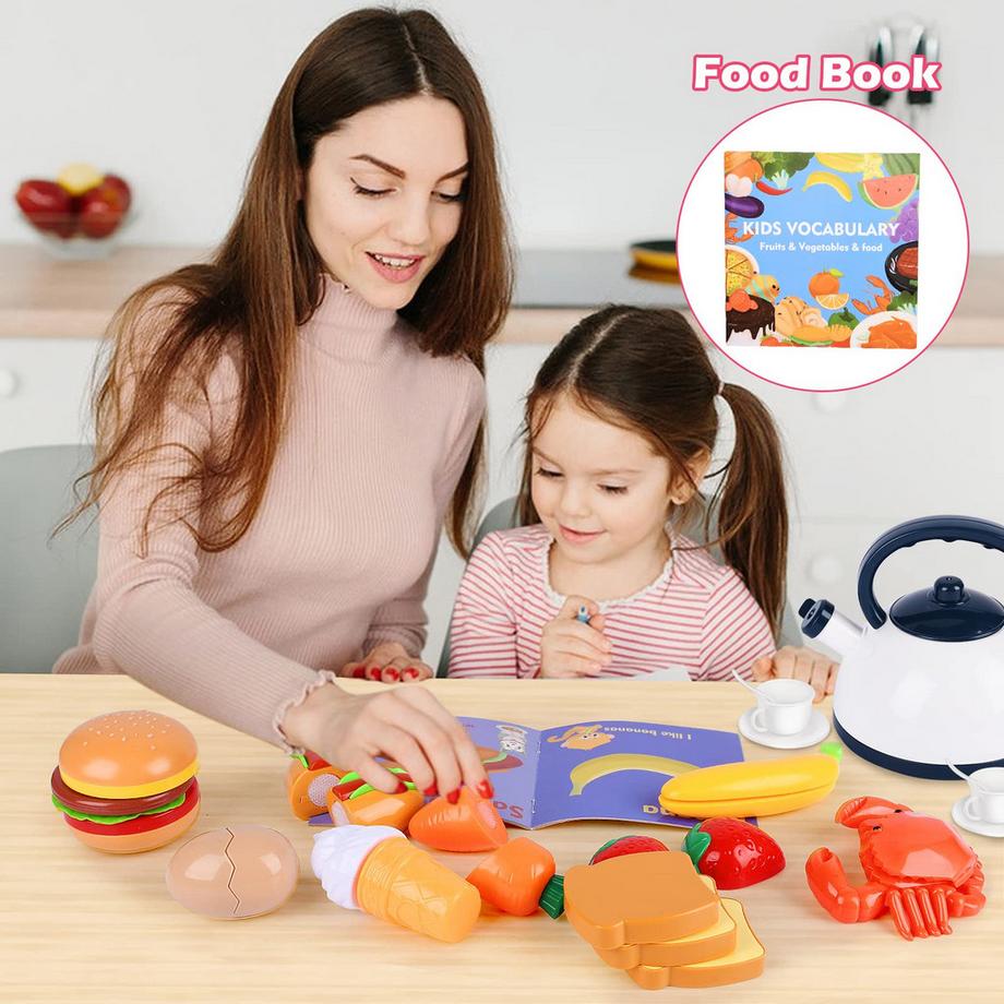 Activity-board  Kinder Küche Zubehör, 47PCS Küche Spielzeug Set Küche Zubehör Kinder Obst Gemüse Lebensmittel Küche Rolle spielen Kochgeschirr Töpfe und Pfannen 