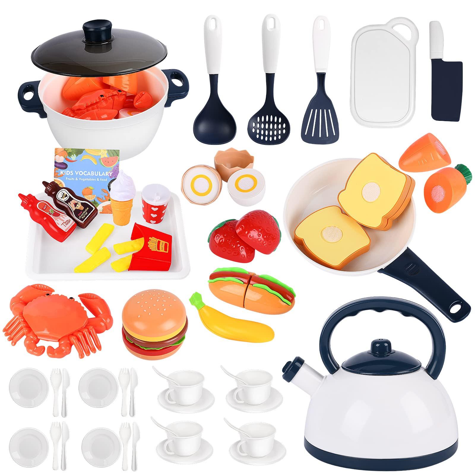 Activity-board  Accessoires de cuisine pour enfants, 47 pièces ensemble de jouets de cuisine accessoires de cuisine enfants fruits légumes nourriture cuisine jeu de rôle ustensiles de cuisine casseroles et poêles 