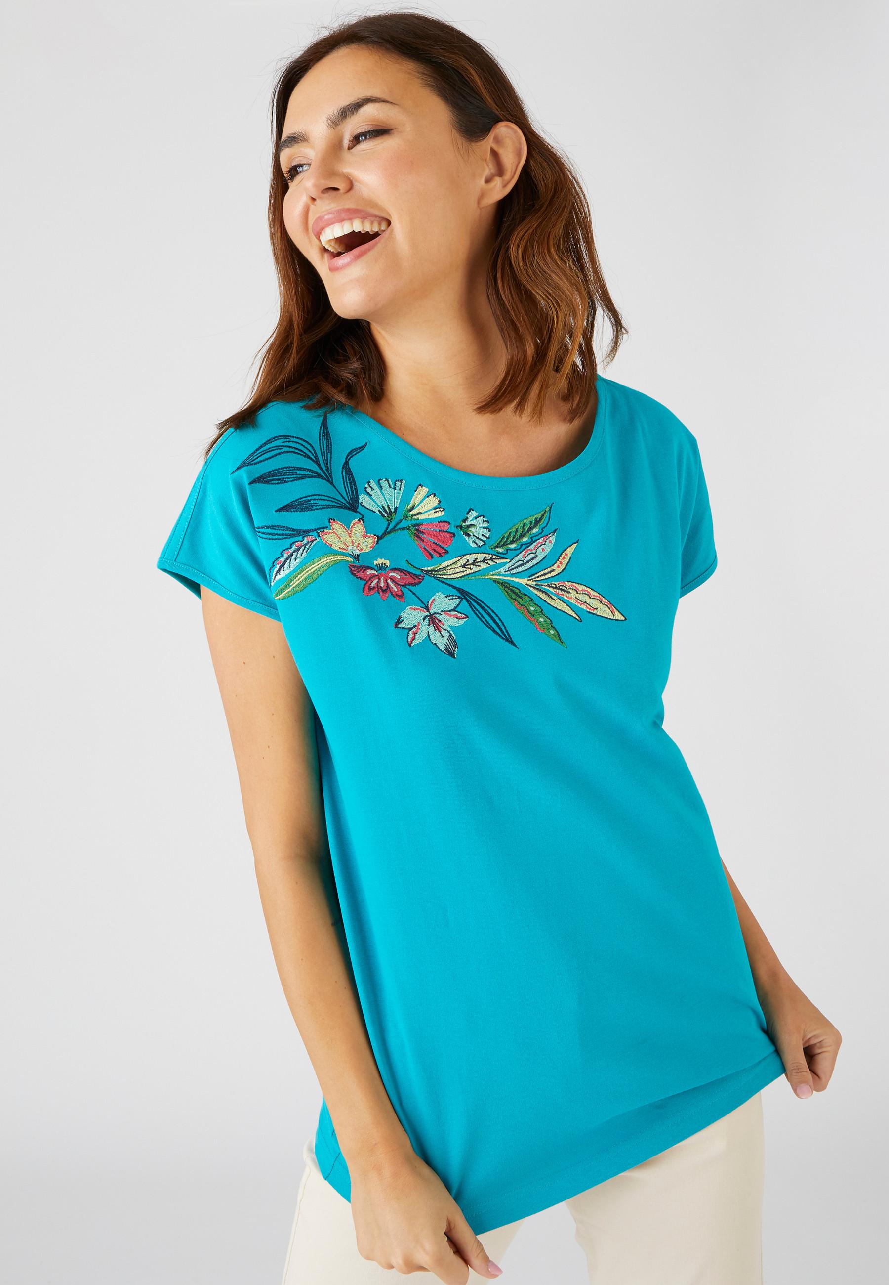 Image of Besticktes T-shirt Aus Bio-baumwolle Mit T-ärmeln. Stickerei Am Ausschnitt. Damen Blau 34/36