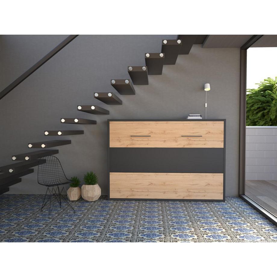 Vente-unique Letto estraibile 140 x 200 cm Apertura orizzontale manuale Antracite e Naturale + Materasso  - MALINA II  