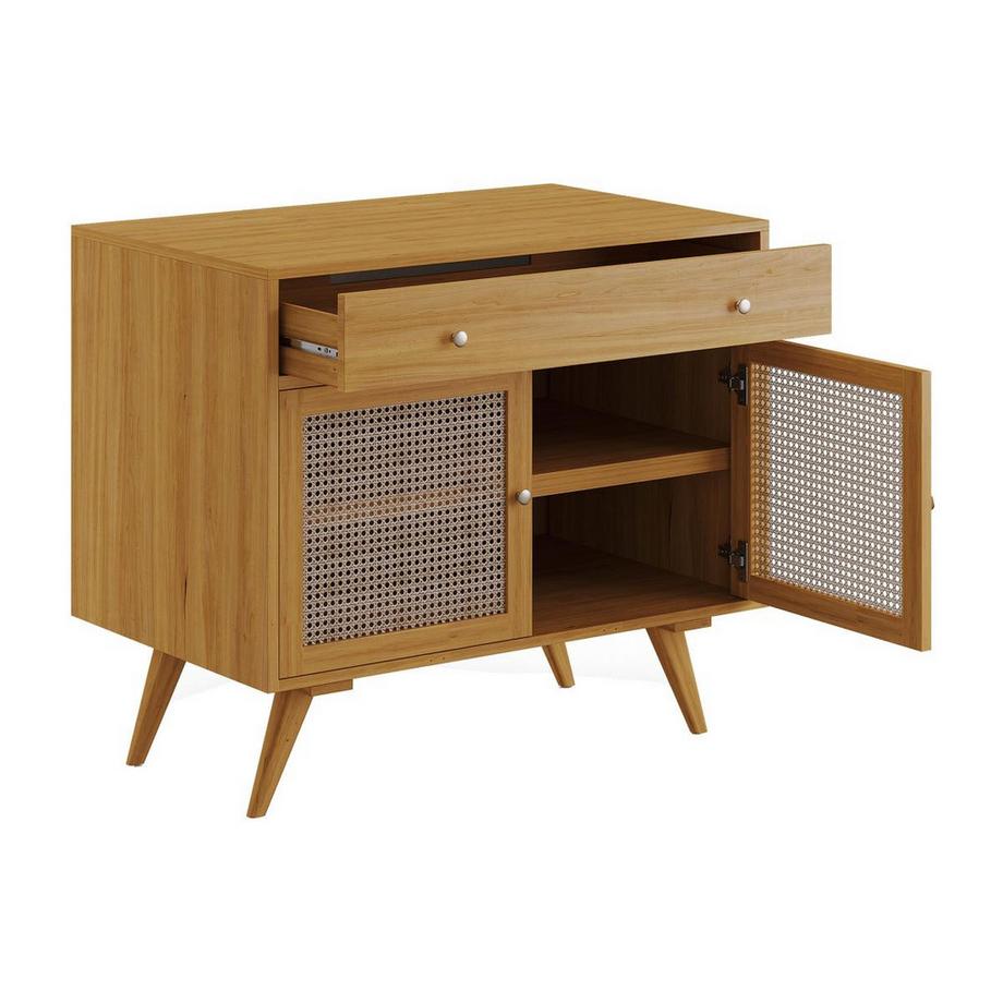 Vente-unique Meuble sous vasque en teck clair et cannage - 90 cm - MANSULAN  