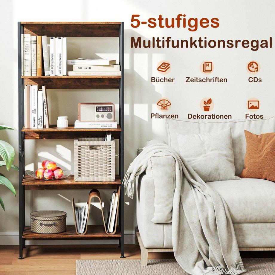 Northio Bibliothèque à 5 niveaux de style industriel, étagères de rangement, étagère au sol, marron  
