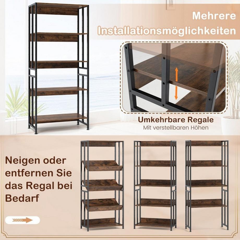 Northio Bibliothèque à 5 niveaux de style industriel, étagères de rangement, étagère au sol, marron  