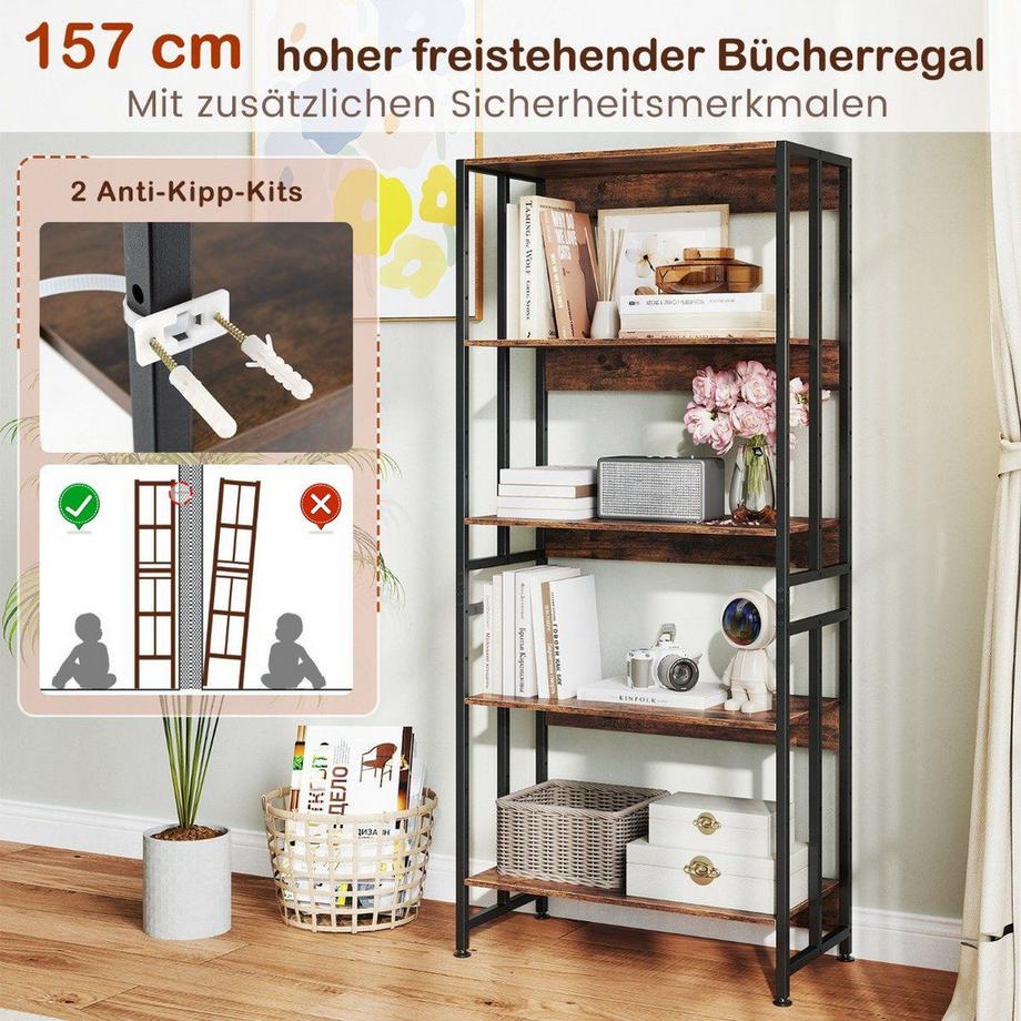 Northio Bibliothèque à 5 niveaux de style industriel, étagères de rangement, étagère au sol, marron  