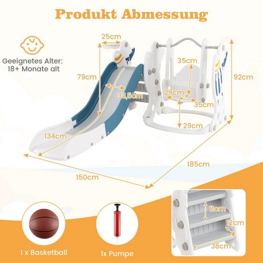 Northix  Balançoire enfant avec toboggan Balançoire & toboggan 4 en 1 & panier de basket & échelle 185 x 150 x 92 cm 