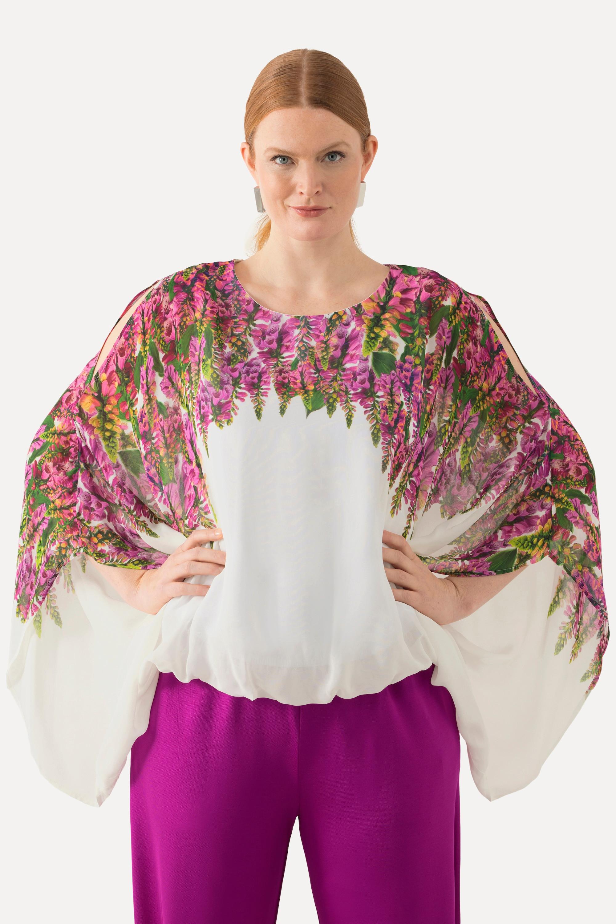 Ulla Popken  Blouse doublée, imprimé floral. Décolleté rond et manches courtes. 