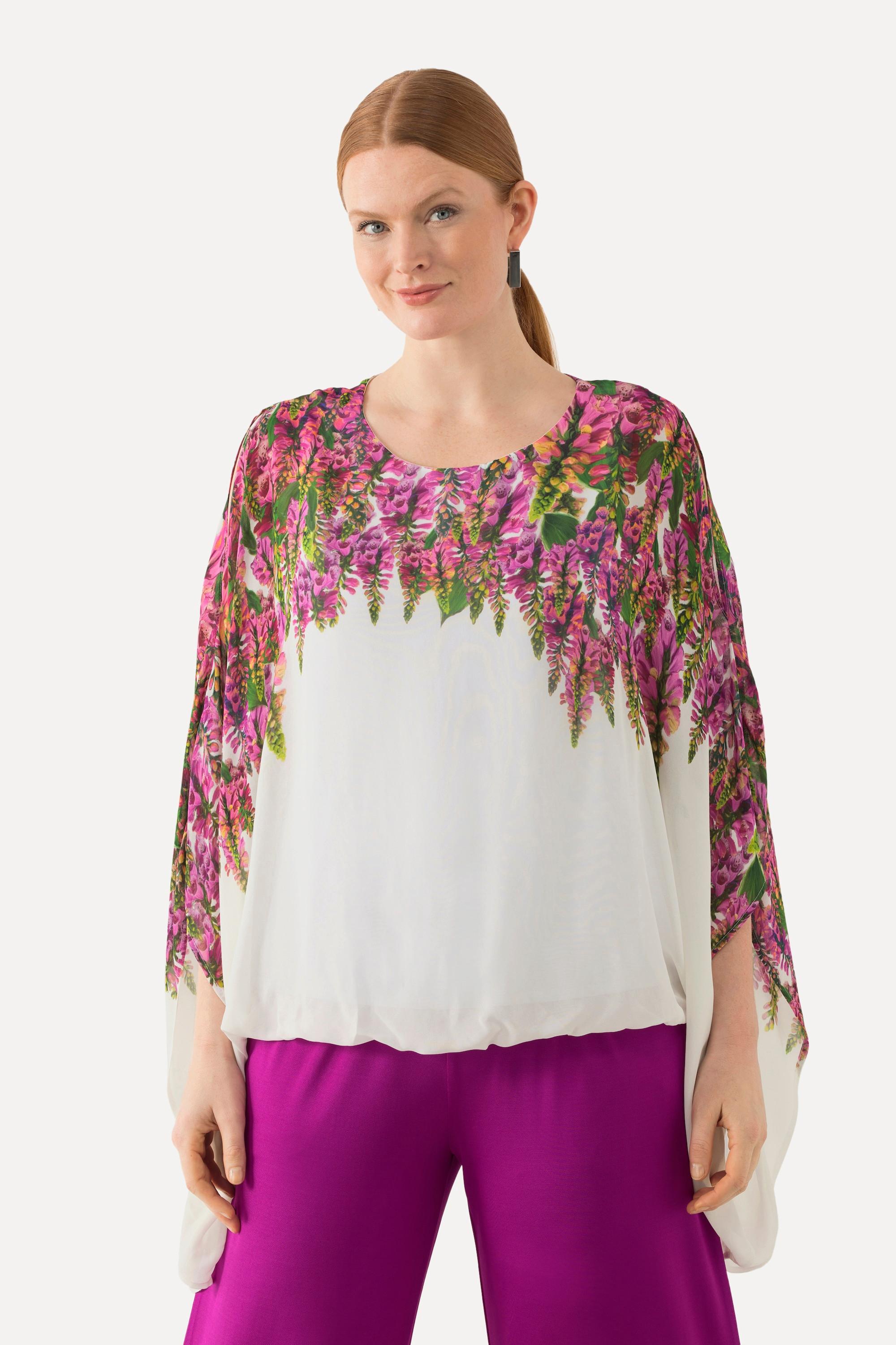 Ulla Popken  Blouse doublée, imprimé floral. Décolleté rond et manches courtes. 