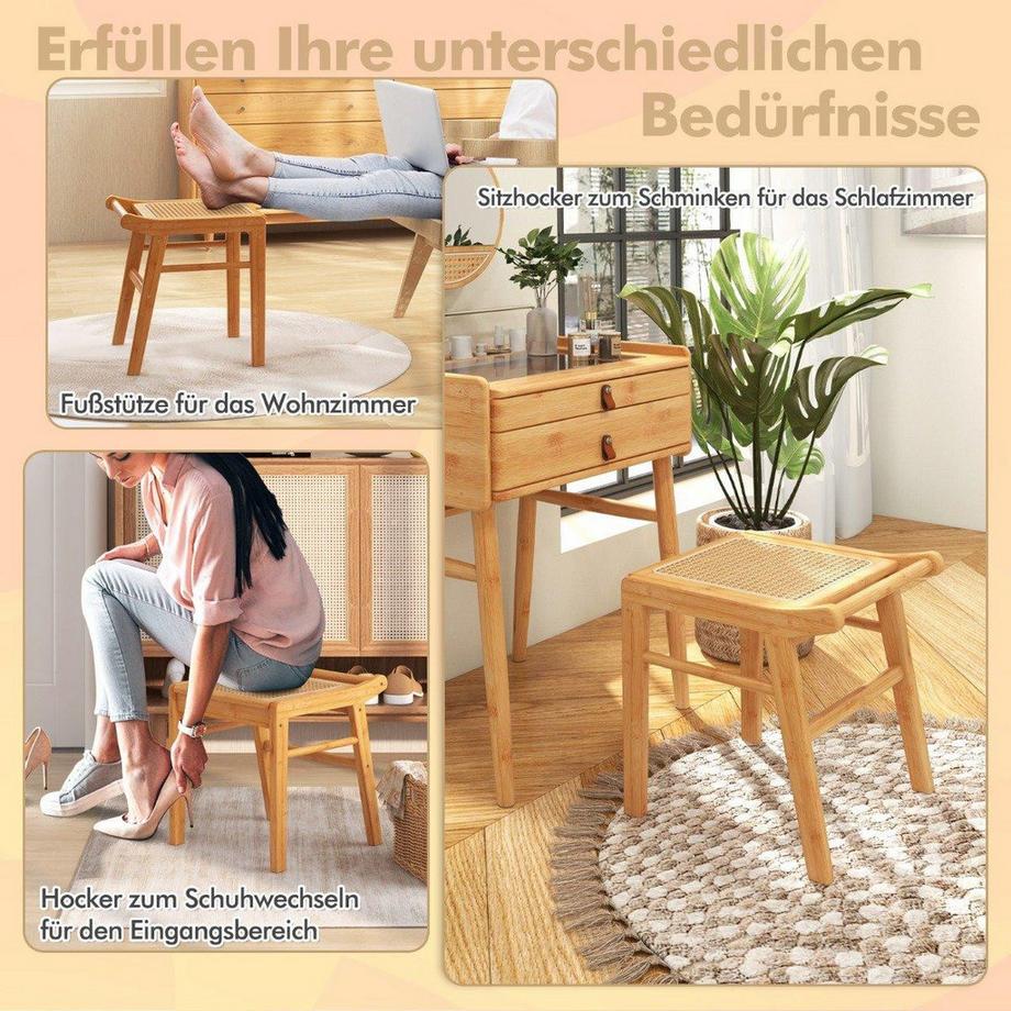 Northio Tabouret cosmétique en bambou avec surface en rotin et coussinets antidérapants, tabouret stable avec barre de renfort  