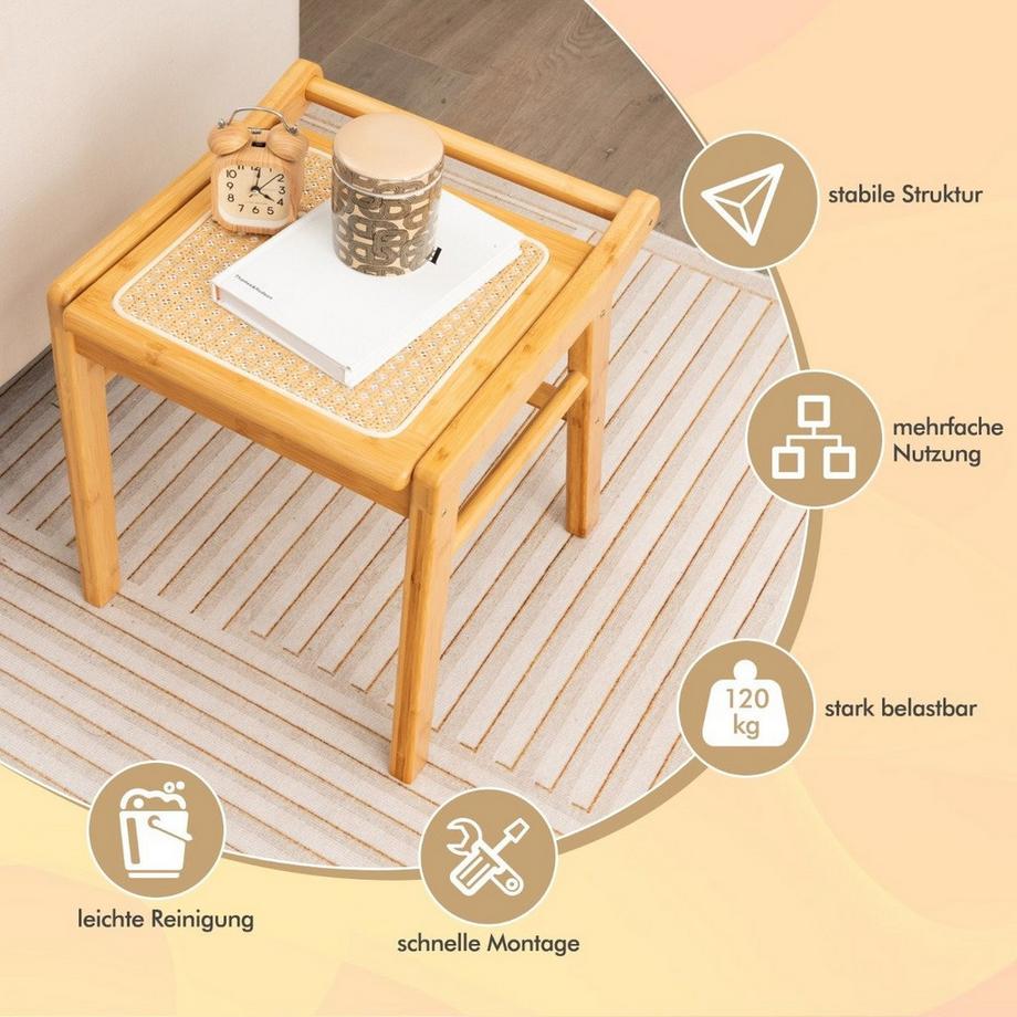 Northio Tabouret cosmétique en bambou avec surface en rotin et coussinets antidérapants, tabouret stable avec barre de renfort  