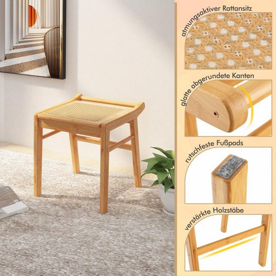 Northio Tabouret cosmétique en bambou avec surface en rotin et coussinets antidérapants, tabouret stable avec barre de renfort  