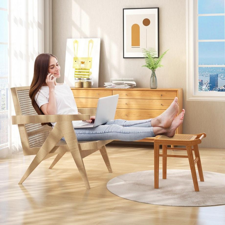 Northio Tabouret cosmétique en bambou avec surface en rotin et coussinets antidérapants, tabouret stable avec barre de renfort  