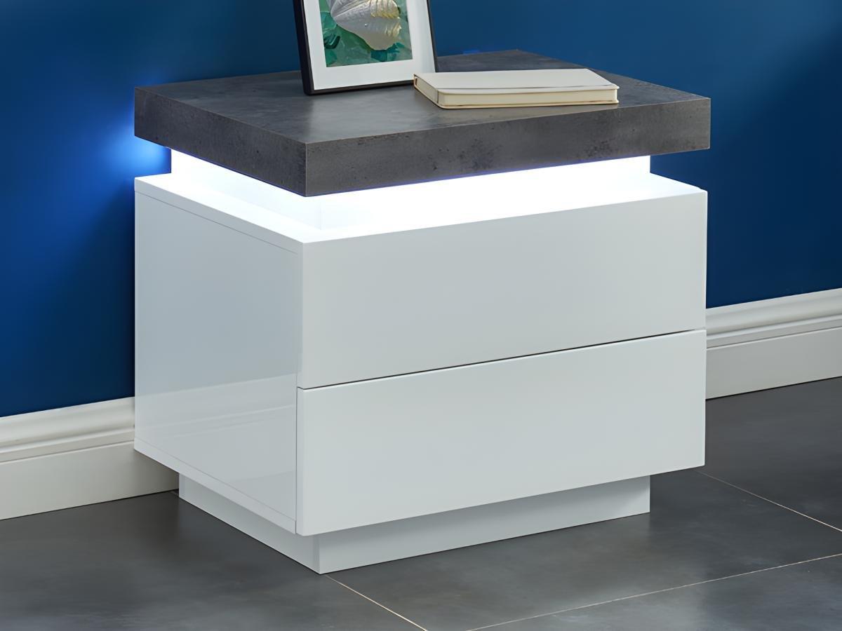 Vente-unique Comodino 2 cassetti Con LED MDF Laccato Bianco e Calcestruzzo - Lotto di 2 - HALO II  