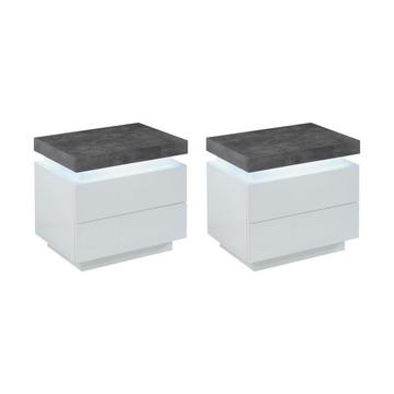 Lot de 2 tables de chevet - 2 tiroirs - MDF Laqué - Avec LEDs - Coloris : Blanc et béton - HALO II