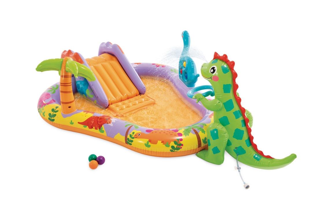 Intex  Piscine gonflable pour enfants, aire de jeux aquatique, 201x157x69 cm, fontaine toboggan dinosaure INTEX 56139 